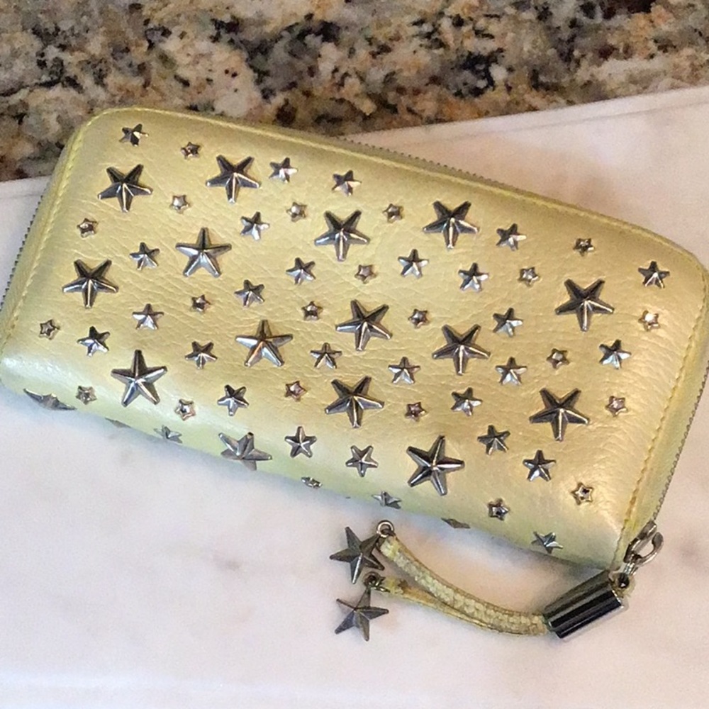 Jimmy Choo Studded Zippy Leather Long Wallet - silver stars & zipper